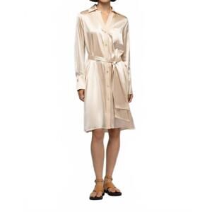 NEW MAX&MOI raesa silk mini shirt dress with leather detail in beige